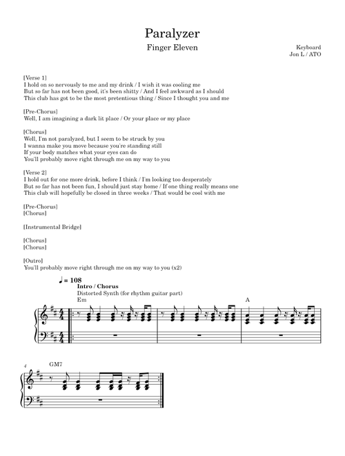Paralyzer – Finger Eleven (Keyboard Lead Sheet)