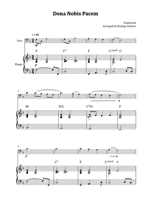 Dona Nobis Pacem - for tuba (with piano accompaniment with chords) (Arr. Rodrigo Faleiros) - Traditional (Tuba and Piano)