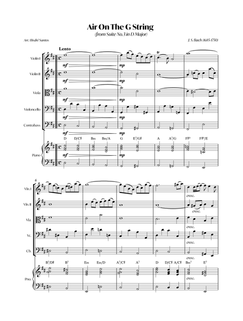 Air On The G String (from Suite No.3 in D Major) (Bach) - String quintet with Piano (Arr. André Alberto Santos) (Small Ensemble)