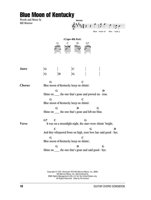 Blue Moon Of Kentucky - Bill Monroe, Patsy Cline, Elvis Presley (Guitar Chords-Lyrics)