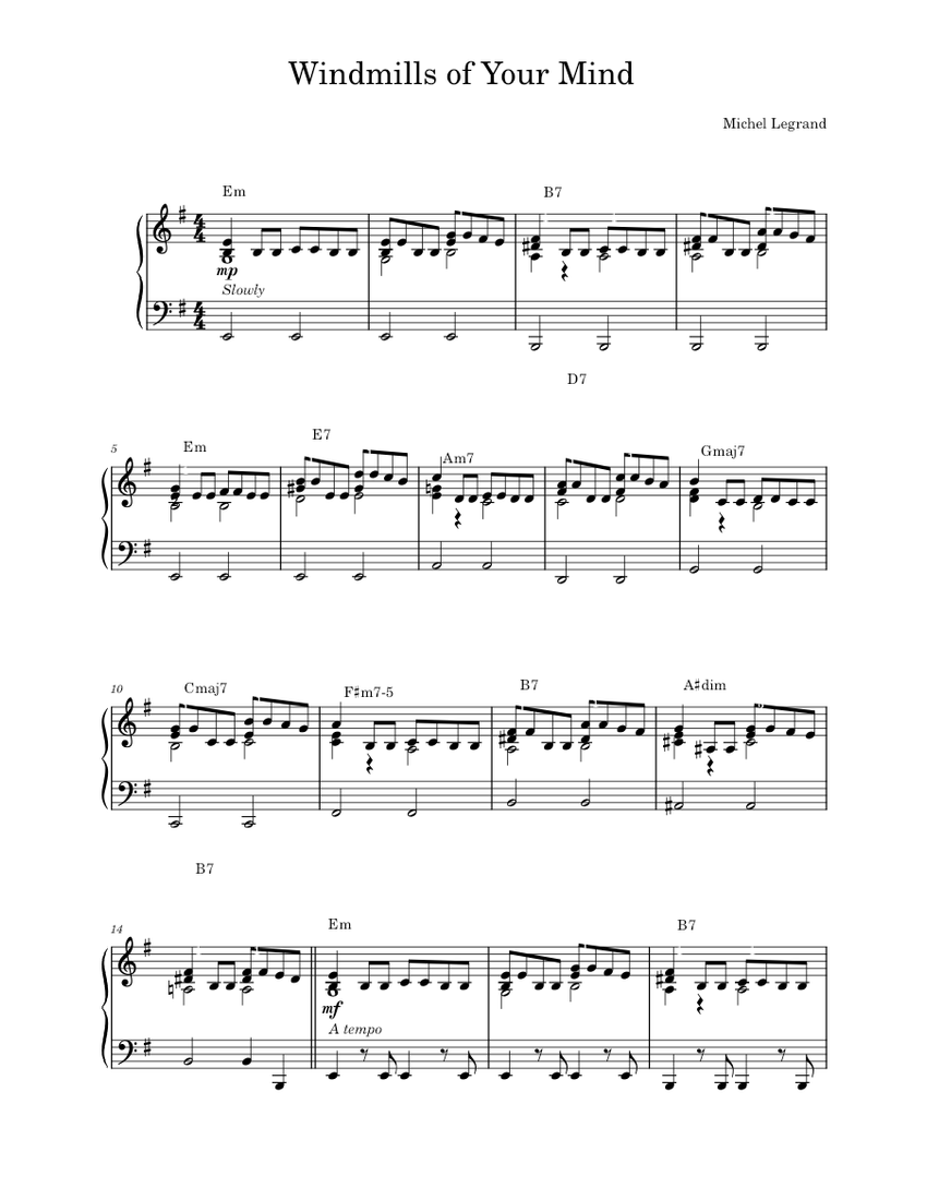 The windmills of your mind Michel Legrand The Windmills of Your Mind Sheet music for Piano Solo Easy Musescore