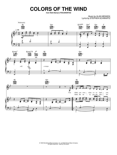 Colors of the Wind - Vanessa Williams (Piano-Vocal-Guitar)