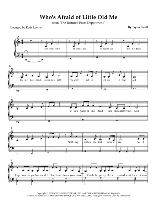Who's Afraid Of Little Old Me? (Arr. Katie Levine) - Taylor Swift (Easy Piano)