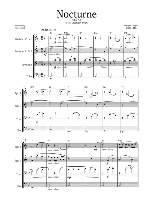 "Nocturne" (Chopin) - Beautiful EASY version for BRASS QUARTET. (Arr. Iury Cardoso) - Frédéric Chopin (Brass Ensemble)