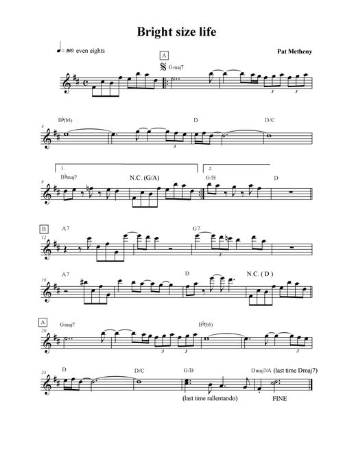 Bright Size Life (Arr. Luca Aletta) - Pat Metheny (Lead Sheet - Fake Book)
