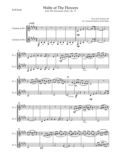 Waltz of The Flowers - from Nutcracker (P. I. Tchaikovsky) for Clarinet in Bb Duo (Arr. Fernando Britto, Fabio Britto) - Piotr Ilitch Tchaikovsky (Clarinet Duet)