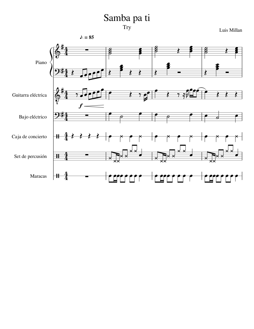 Samba pa ti - Santana Sheet Music for Piano, Snare drum, Guitar