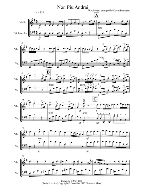 Non Più Andrai for Violin and Cello Duet (Arr. David Burndrett) - W.A Mozart (Instrumental Duet)