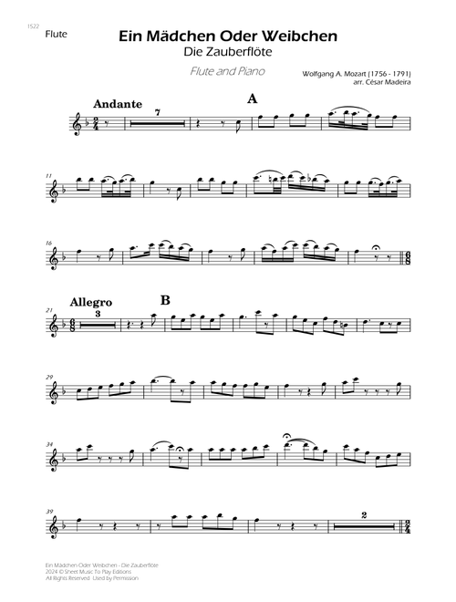 Ein Mädchen Oder Weibchen - Flute and Piano (Individual Parts) (Arr. César Madeira) - Wolfgang Amadeus Mozart (Flute and Piano)