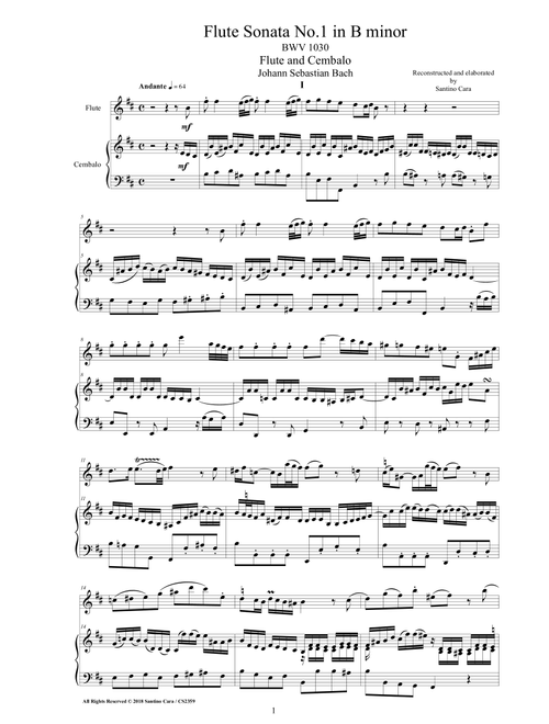 Bach - Flute Sonata No.1 in B minor BWV 1030 for Flute and Cembalo or Piano (Arr. Santino Cara) - Bach Johann Sebastian (Instrumental Duet)