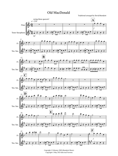 Old MacDonald for Flute and Tenor Saxophone Duet (Arr. David Burndrett) - Traditional (Instrumental Duet)