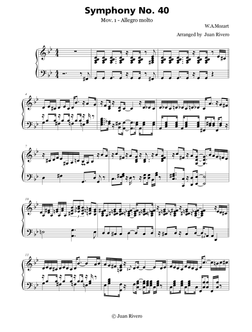 Wolfgang Amadeus Mozart - Symphony No. 40 / Mov. 1 - Jazz version - Piano Advanced intermediate (Arr. Juan Rivero) (Piano Solo)