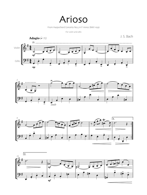 Arioso - Bach (Violin and Cello) (Arr. Robin Hood Editions) - J. S. Bach (Instrumental Duet)