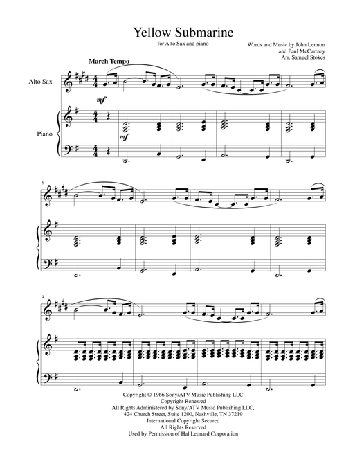Yellow Submarine (Arr. Samuel Stokes) - The Beatles (Alto Sax and Piano)