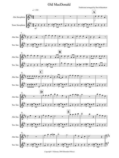 Old MacDonald! for Alto and Tenor Saxophone Duet (Arr. David Burndrett) - Traditional (Woodwind Ensemble)