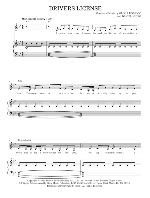 Drivers License - Olivia Rodrigo (Piano Vocal)