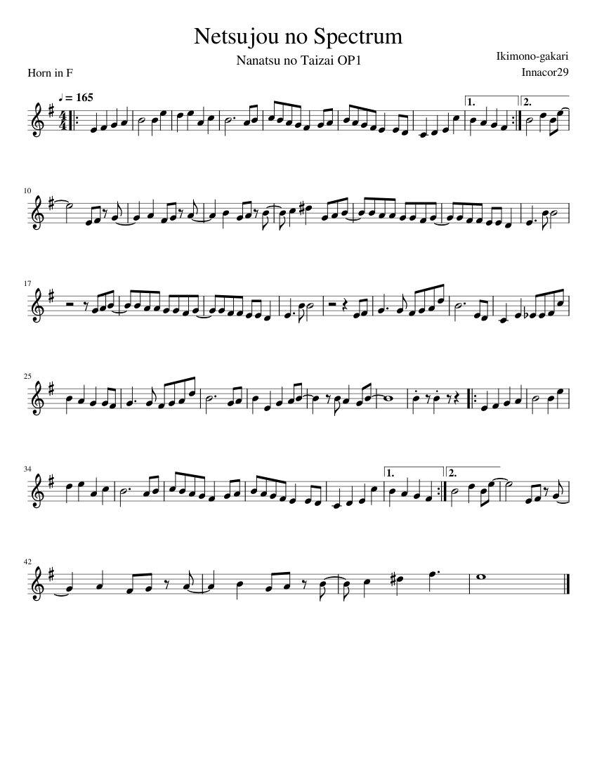 Netsujou no Spectrum - Nanatsu no Taizai OP1 (Horn in F