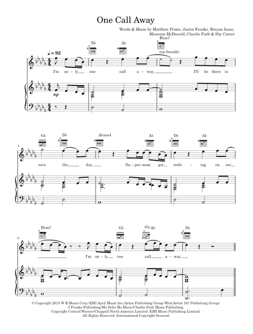 One Call Away - Charlie Puth (Piano-Vocal-Guitar)