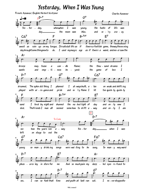 Yesterday, When I Was Young (lead sheet with lyrics)