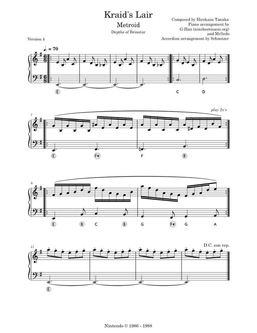 Kraid's Lair (Depths of Brinstar) - Super Metroid Sheet Music for