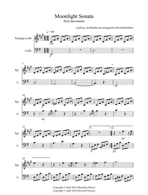 Moonlight Sonata (1st movement) for Trumpet and Cello Duet (Arr. David Burndrett) - Ludwig van Beethoven (Instrumental Duet)