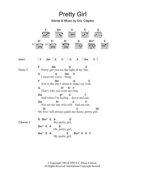 Pretty Girl - Eric Clapton (Guitar Chords-Lyrics)