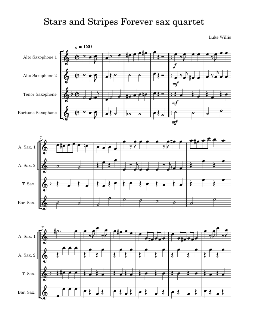 Stars and Stripes Forever sax quartet Sheet Music for Saxophone