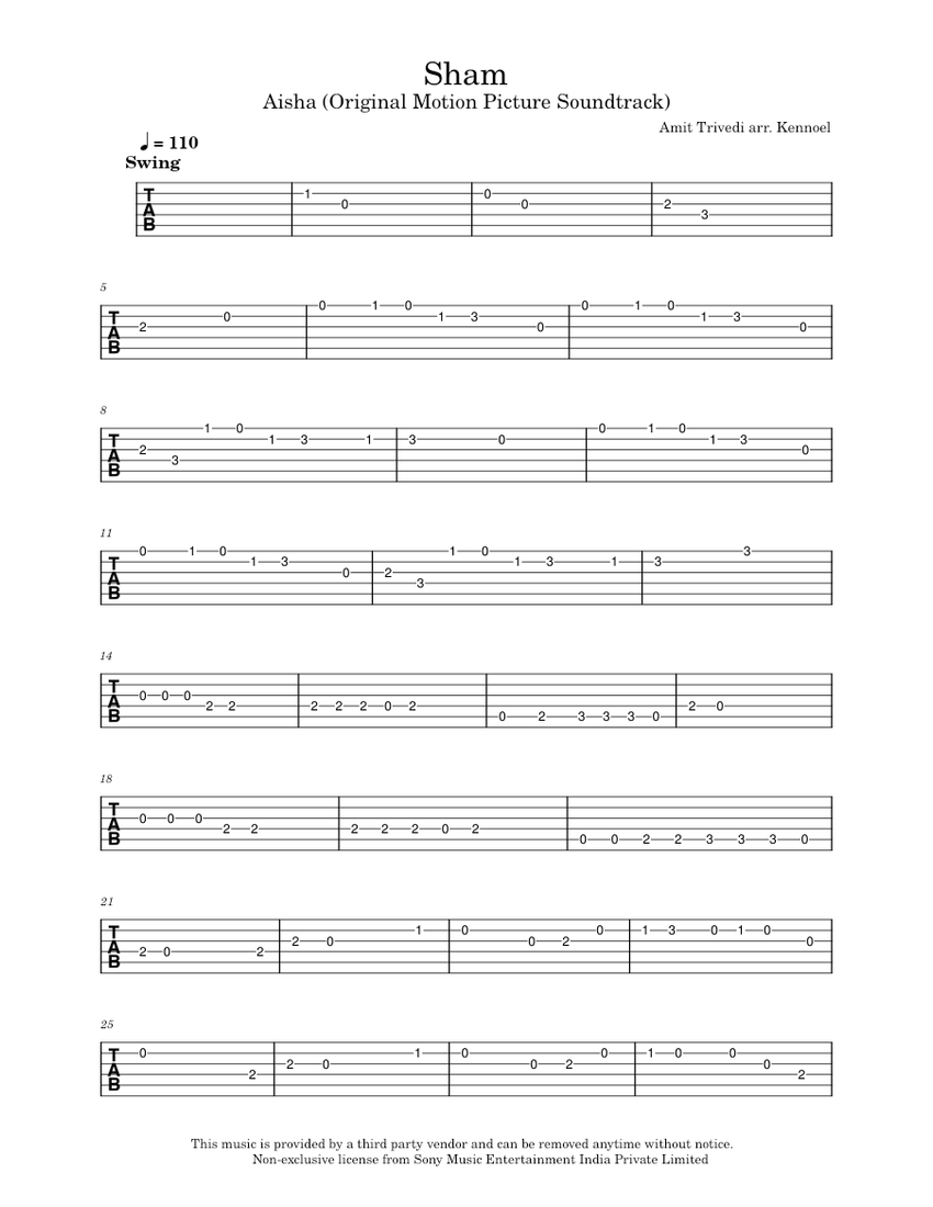 Sham Melody Sheet Music and Tab for Guitar (Solo) | MuseScore.com