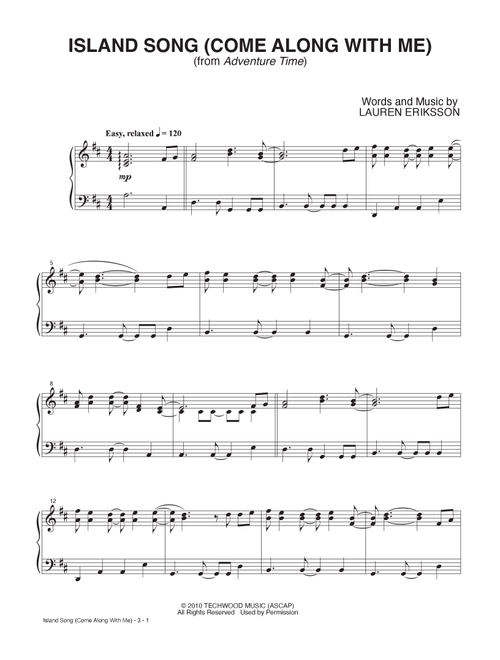 Island Song (Come Along With Me) (from Adventure Time) - Ashley Eriksson (Easy Piano)