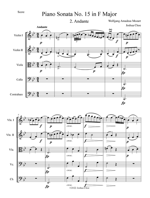 Piano Sonata No. 15 in F Major, Movement 2 (Arr. Joshua Choe) - Wolfgang Amadeus Mozart (Orchestra)