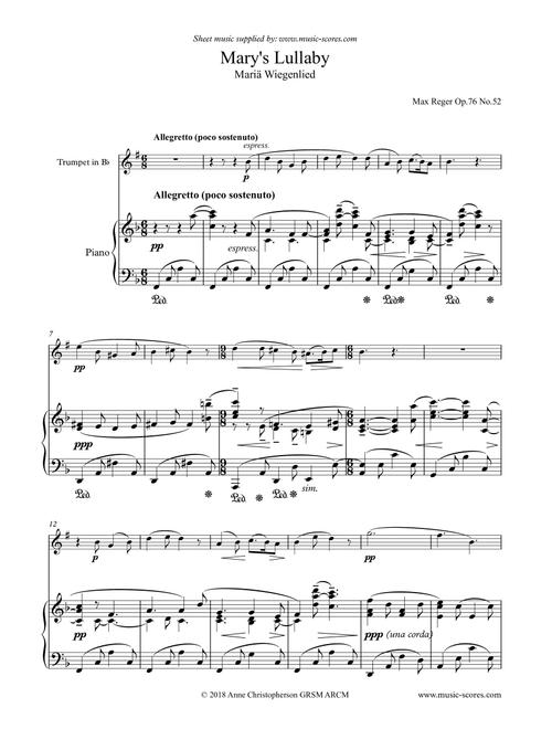 Mary's Lullaby, or Maria Wiegenlied - Trumpet and Piano (Arr. Anne L Christopherson GRSM ARCM) - Reger, Max (Trumpet and Piano)