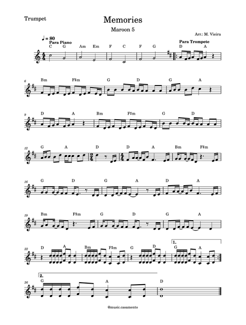 Memories (Arr. M. Vieira) - Maroon 5 (Trumpet Solo)