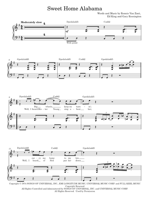 Sweet Home Alabama - Alabama, Lynyrd Skynyrd (Piano Vocal)