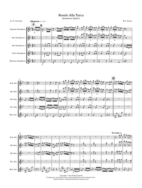 Rondo Alla Turka: Saxophone Quintet (Arr. Keith Gemmell) - W.A. Mozart (Woodwind Ensemble)