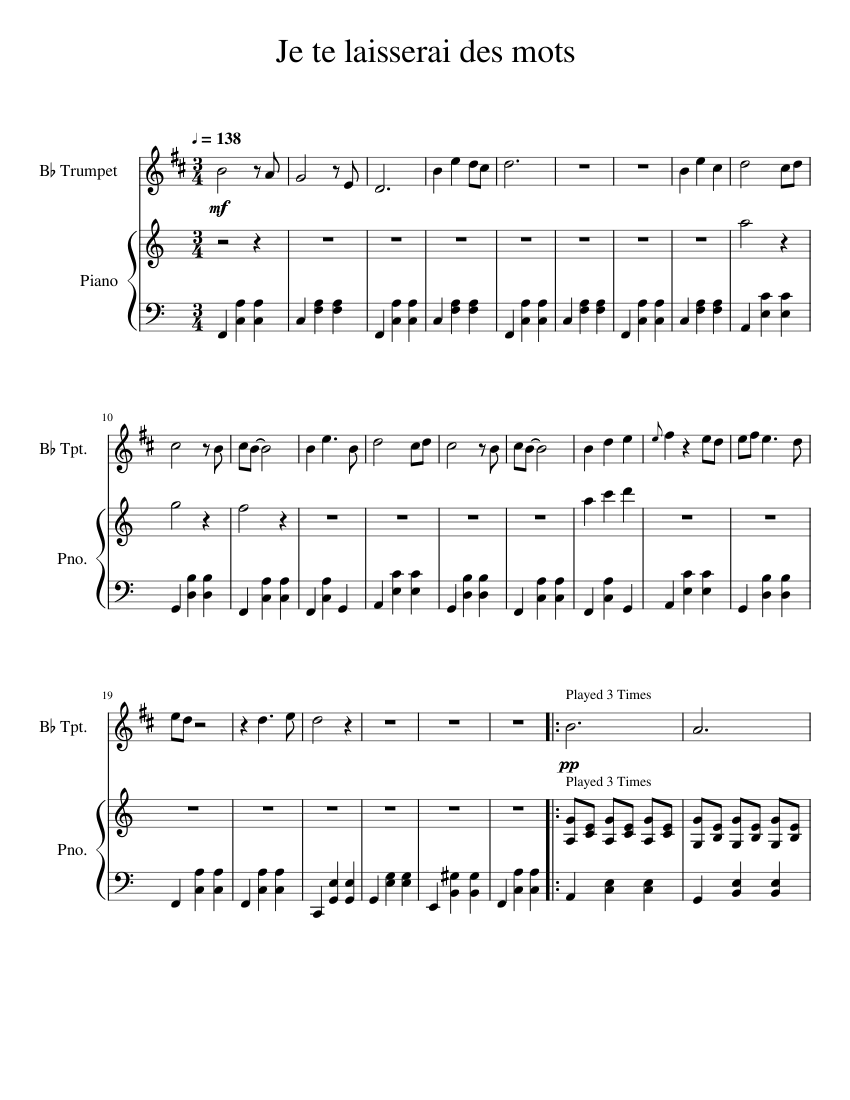 Je_te_laisserai_des_mots Sheet music for Piano, Trumpet in b-flat (Solo) |  Musescore.com