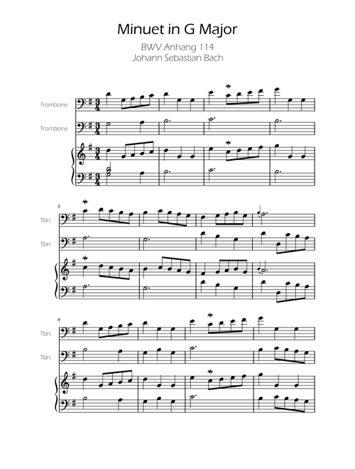 Minuet in G major BWV Anh. 114 - Bach - Trombone Duet w/ Piano (Arr. Ygor Nunes) - Johann Sebastian Bach (Trombone Duet)