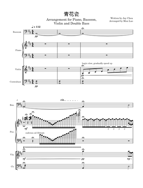 Blue and White Porcelain – Jay Chou (Arrangement for Piano, Bassoon, Violin and Double Bass)