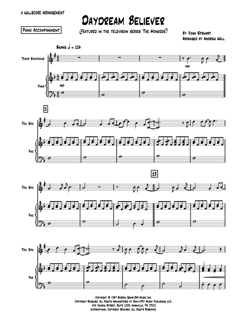 Daydream Believer (Arr. Andrew Will) - The Monkees (Tenor Sax and Piano)