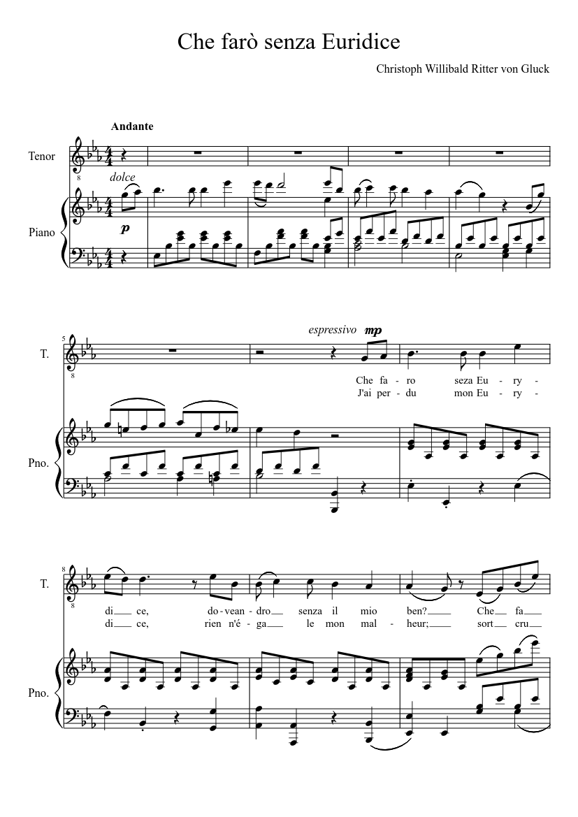 Asimilar Parcial Distribución Che farò senza Euridice Sheet music for Piano (Solo) | Musescore.com