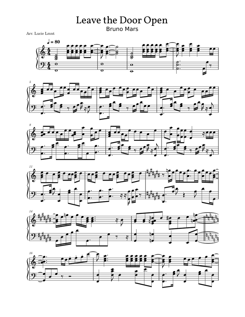 Leave the Door Open – Bruno Mars Sheet Music for Piano (Solo