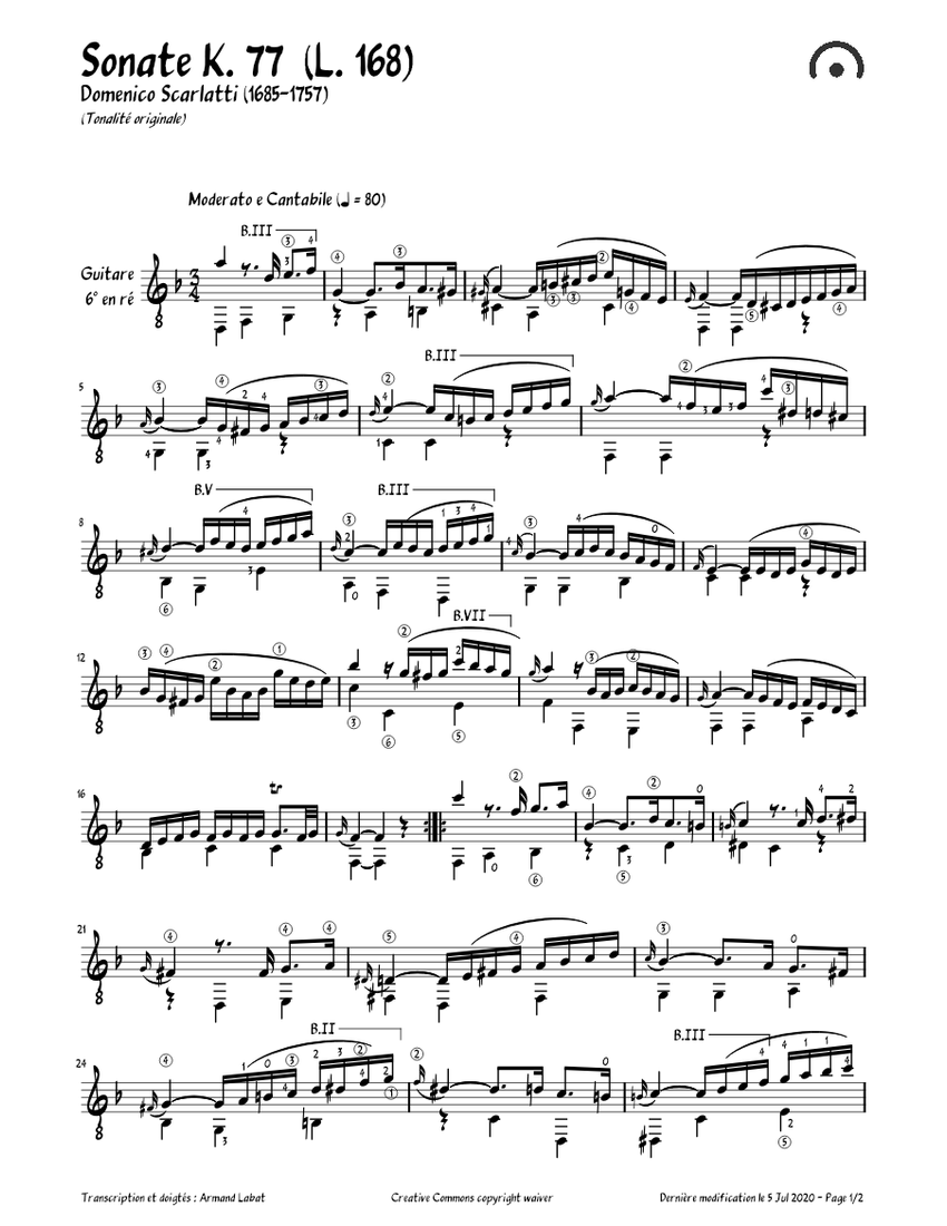 Scarlatti - Sonate K. 077 - Guitare Sheet Music for Guitar (Solo