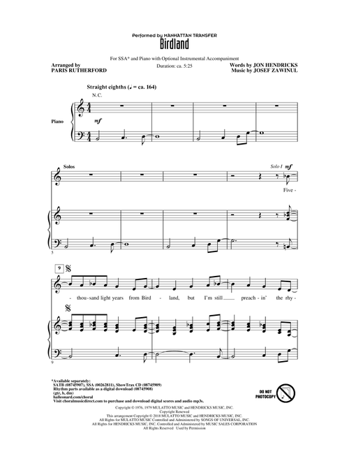 Birdland (arr. Paris Rutherford) - The Manhattan Transfer (Choral, SSA)