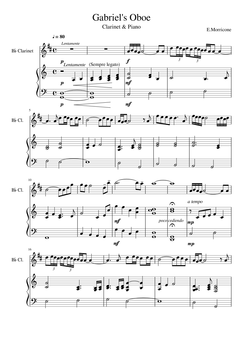 Gabriel's Oboe in Bb.Cla & Piano Sheet music for Piano, Clarinet b-flat (Solo) | Musescore.com