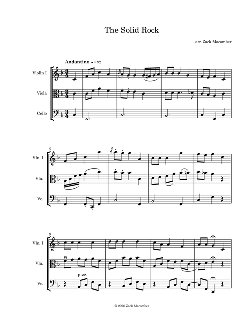 The Solid Rock (violin, viola, cello) (Arr. Zack Macomber) - William B Bradbury (String Ensemble)