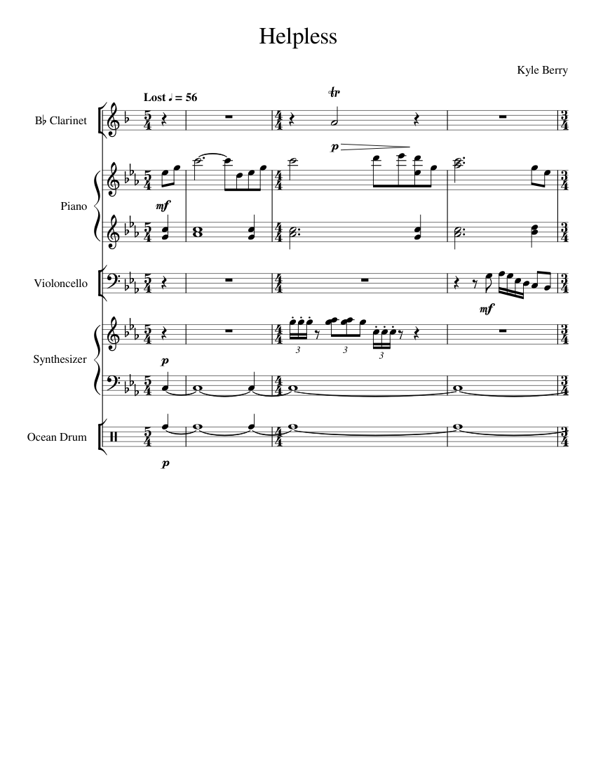 Helpless Sheet music for Piano Clarinet in b flat Cello Drum group more instruments Mixed Quintet Musescore