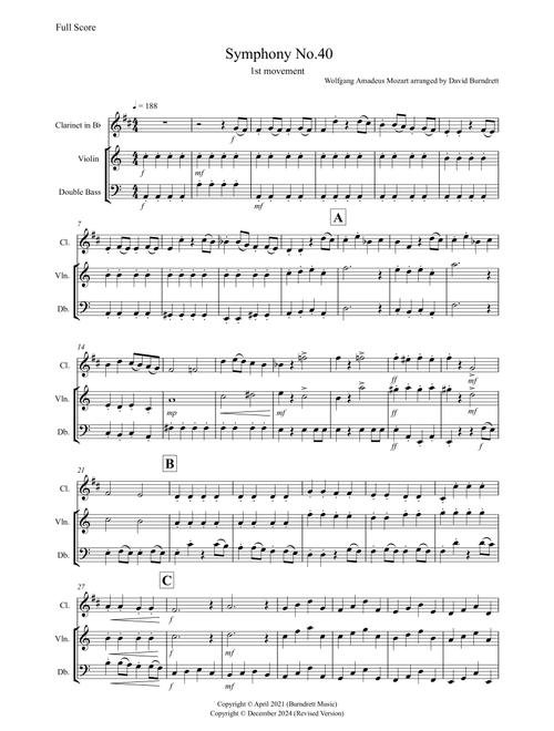 Symphony No.40 (1st movement) for Clarinet, Violin and Double Bass Trio (Arr. David Burndrett) - Wolfgang Amadeus Mozart (Small Ensemble)