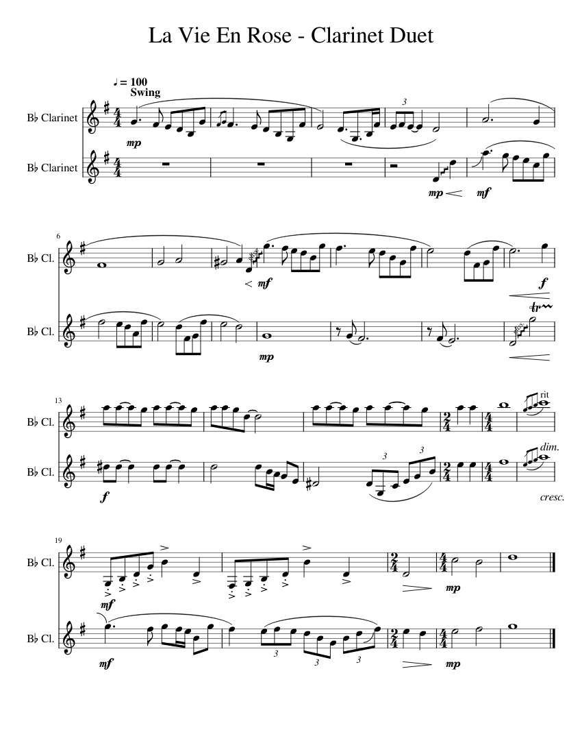 La Vie En Rose - Clarinet Duet Sheet Music For Clarinet In B-flat ...