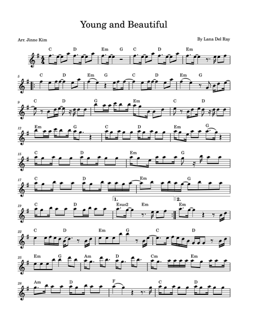 Young And Beautiful (Arr. Jinne Kim) - Lana Del Ray (Lead Sheet - Fake Book)