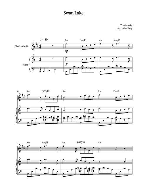 Tchaikovsky - Swan Lake for Clarinet with accompaniment and chords (Arr. Heisenberg) - Tchaikovsy (Clarinet and Piano)