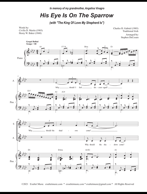 His Eye Is On The Sparrow (with "The King Of Love My Shepherd Is") (Duet for Soprano & Alto solo) (Arr. Stephen DeCesare) - Traditional Charles Gabriel (Voice Duet and Piano)